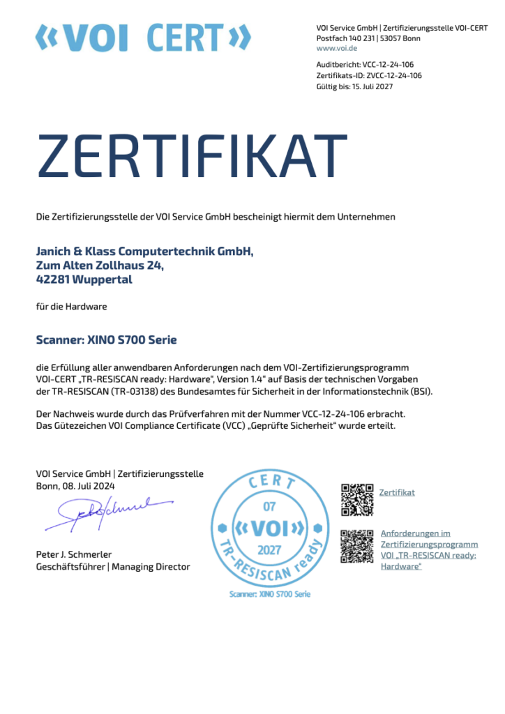 XINO S700 Serie TR-Resiscan Zertifikat